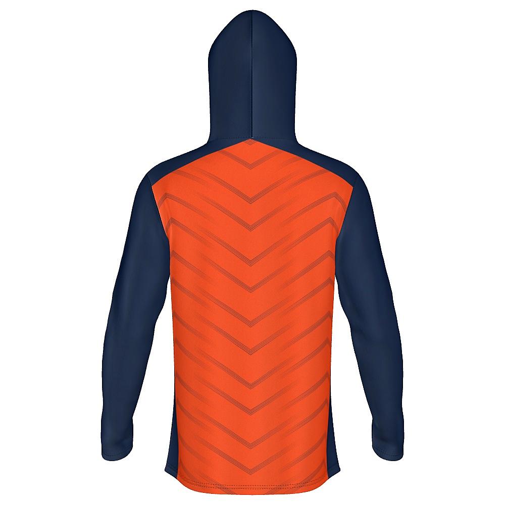 Orange hoodie with navy accents and chevron design on a white background