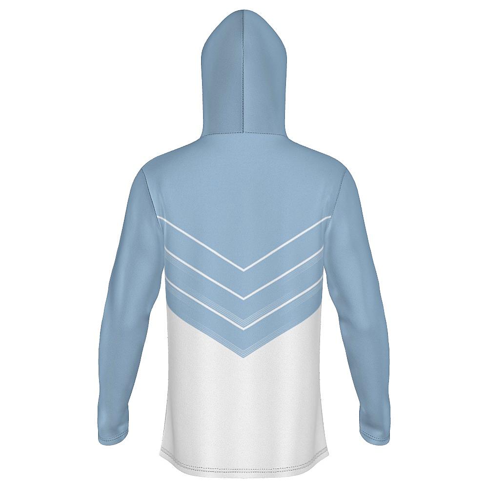 Blue and white hoodie with chevron design on a white background