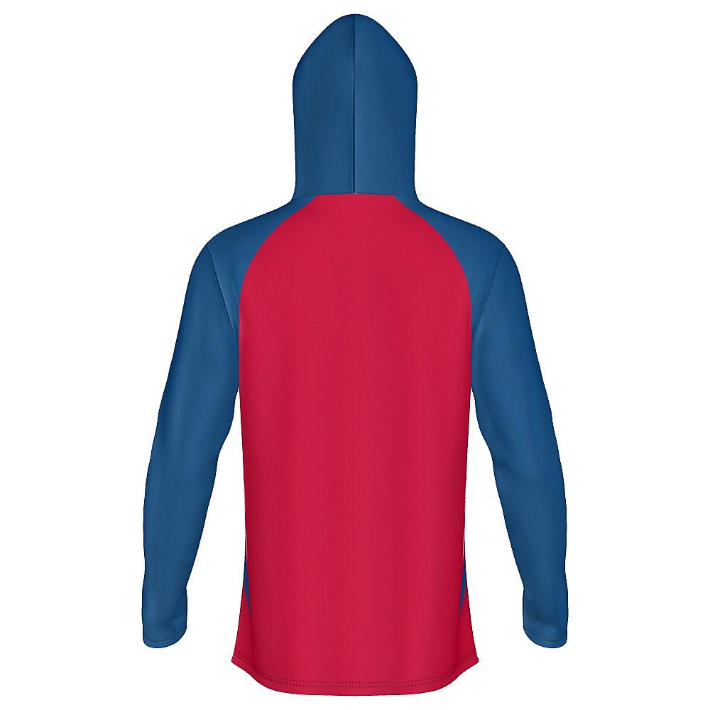 Red hoodie with blue and white accents on a white background