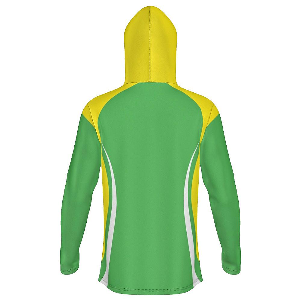 Green hoodie with yellow and white accents on a white background