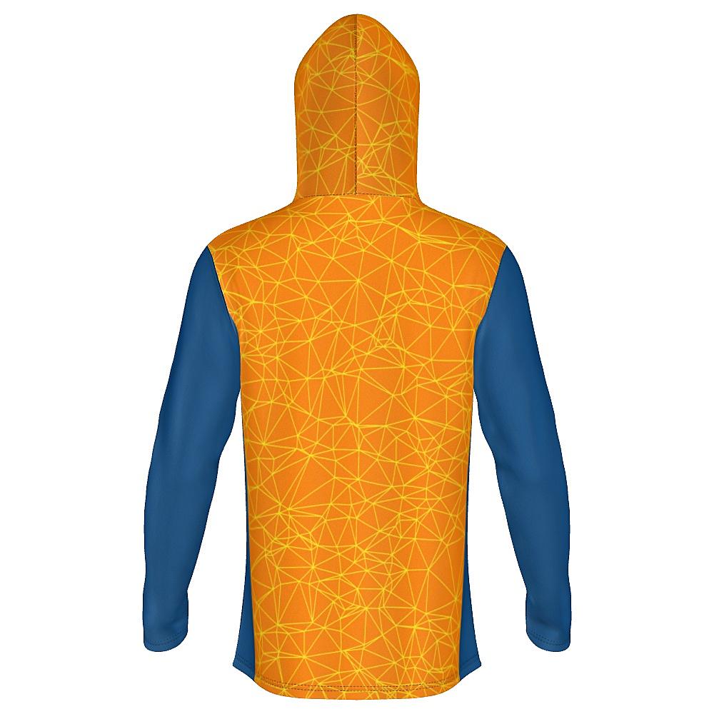 Orange hoodie with yellow geometric design and blue accents on a white background