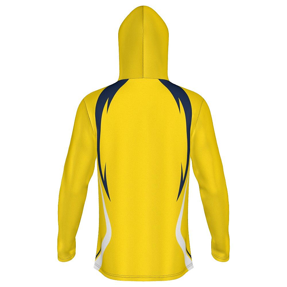 Yellow hoodie with navy and white accents on a white background