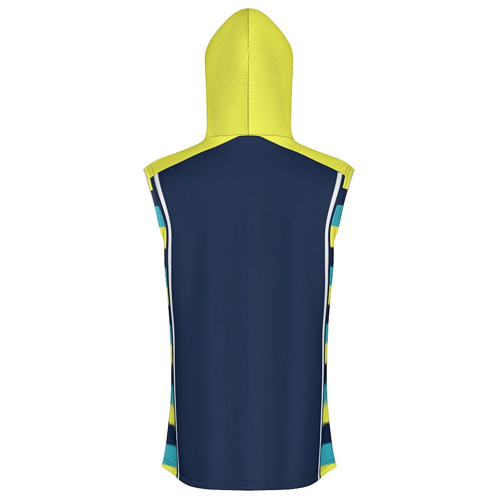 Navy sleeveless hoodie with yellow hood and striped side panels on a white background