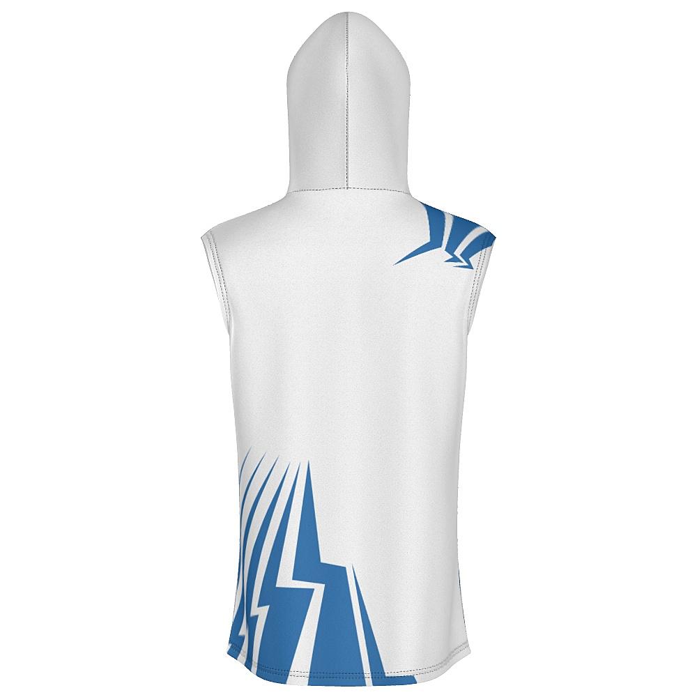White sleeveless hoodie with blue bolt-shaped accents on a white background