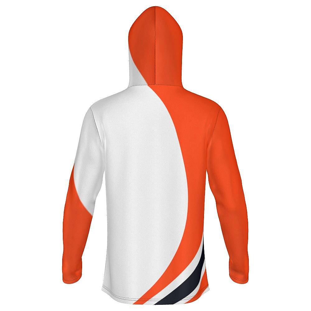 White hoodie with black and orange curved stripes on a white background