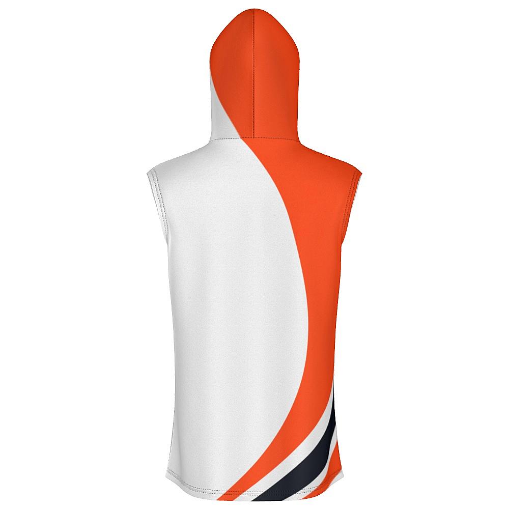 White sleeveless hoodie with black and orange curved stripes on a white background