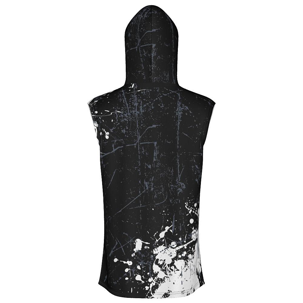 Black sleeveless hoodie with white and grey distressed design on a white background
