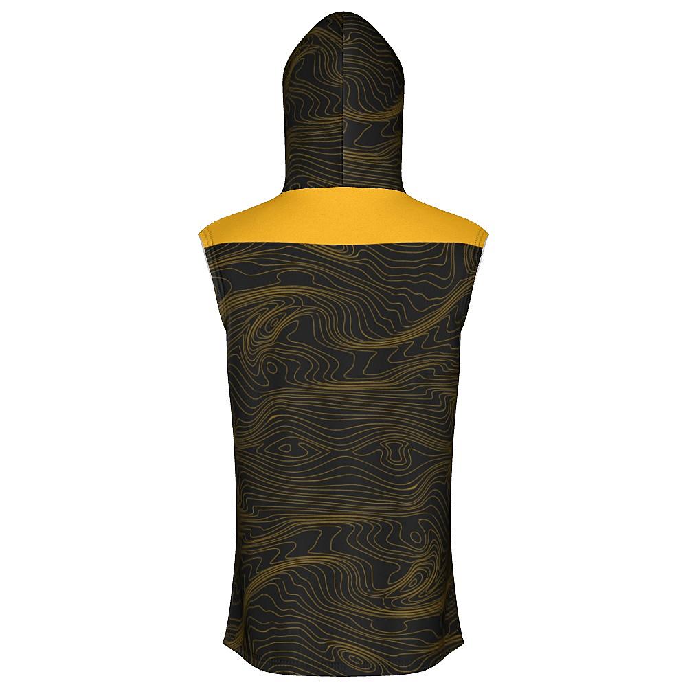 Black sleeveless hoodie with yellow accents and topographic design on a white background
