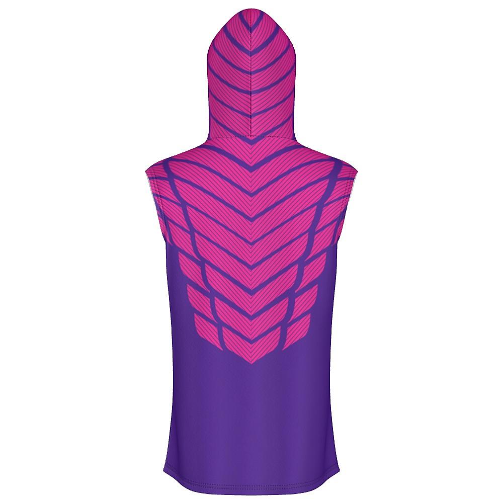 Pink and purple sleeveless hoodie with striped design on a white background