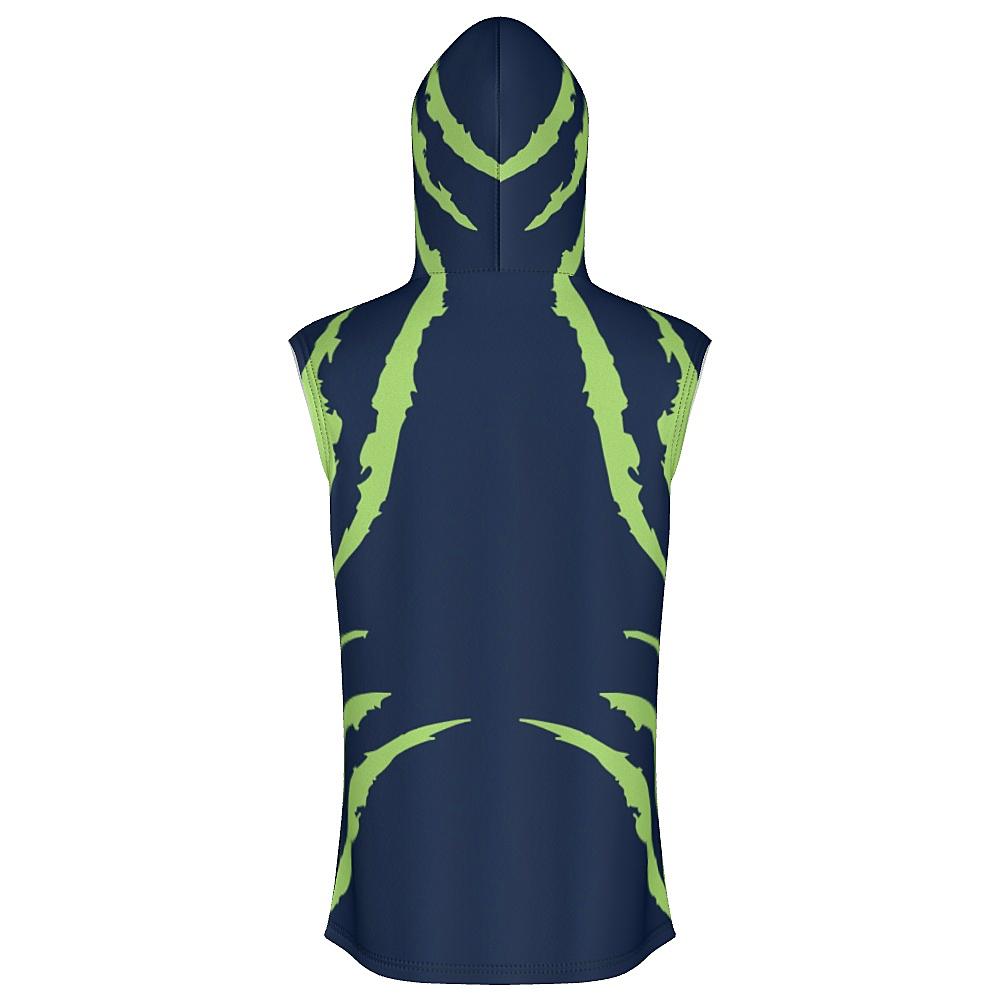 Blue sleeveless hoodie with green accents on a white background
