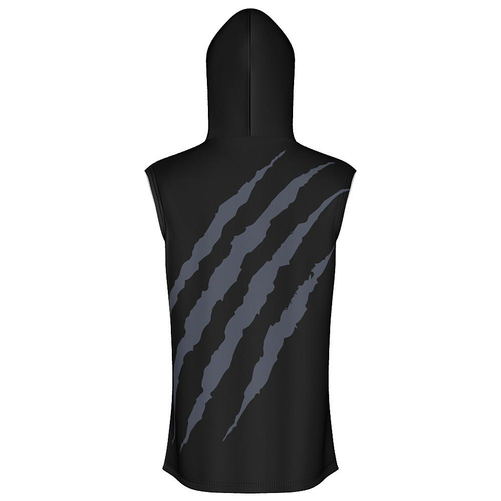 Black sleeveless hoodie with grey claw-mark design on a white background