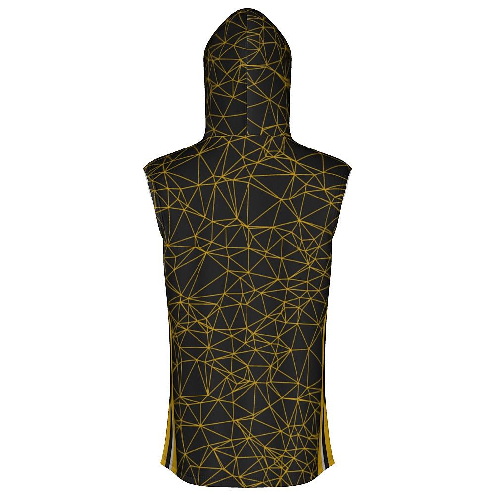 Black sleeveless hoodie with yellow geometric design on a white background