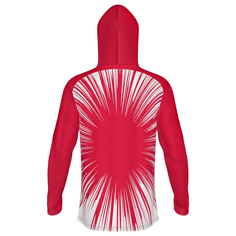 Red hoodie with starburst design on a white background