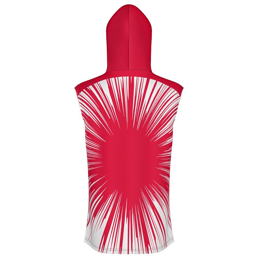 Red sleeveless hoodie with starburst design on a white background