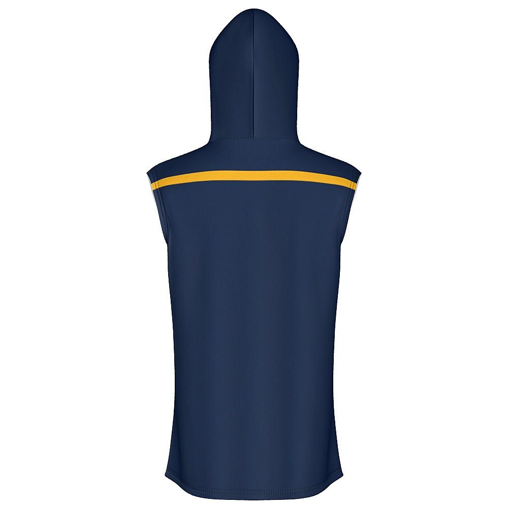 Navy sleeveless hoodie with yellow stripes on a white background