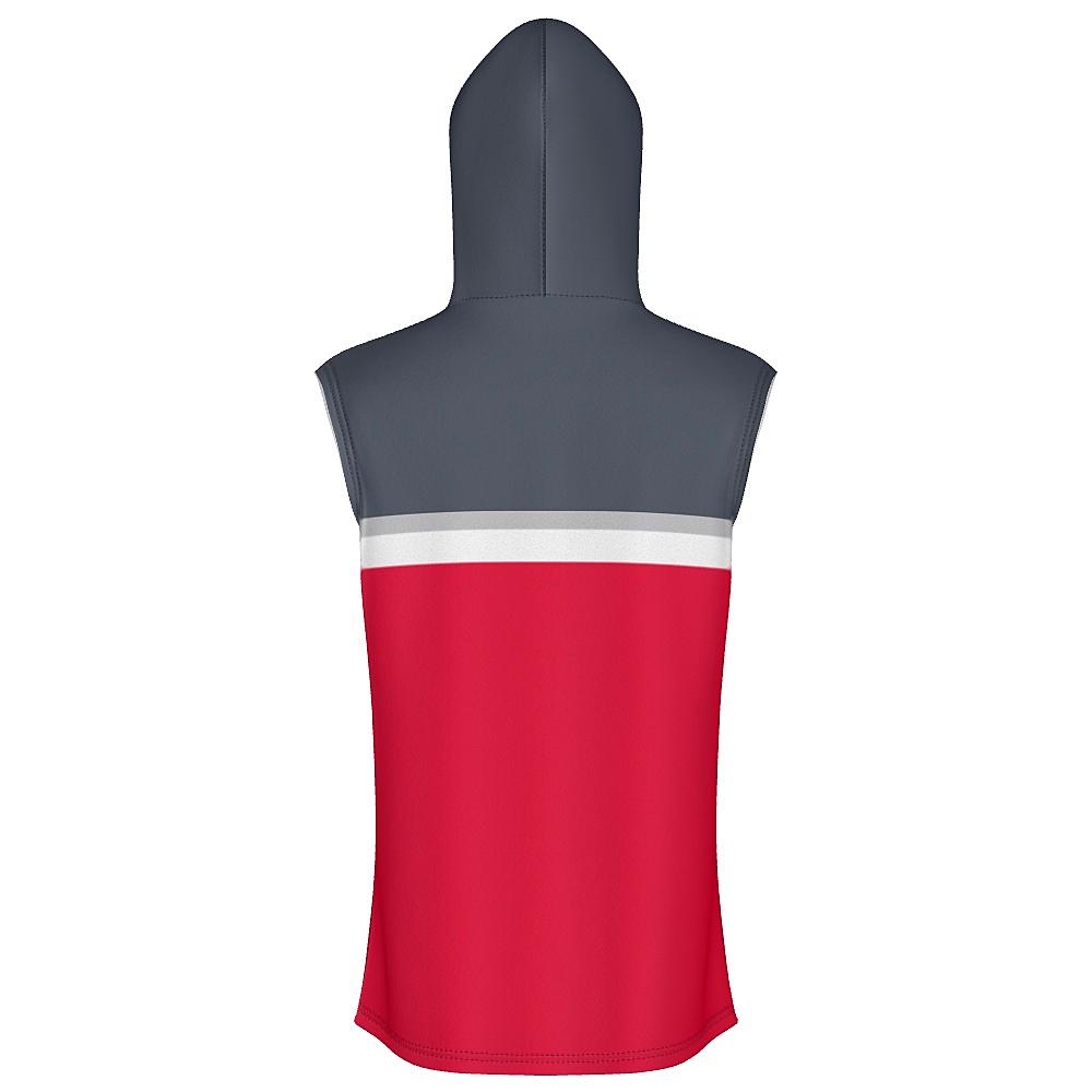 Grey sleeveless hoodie with white and red accents on a white background