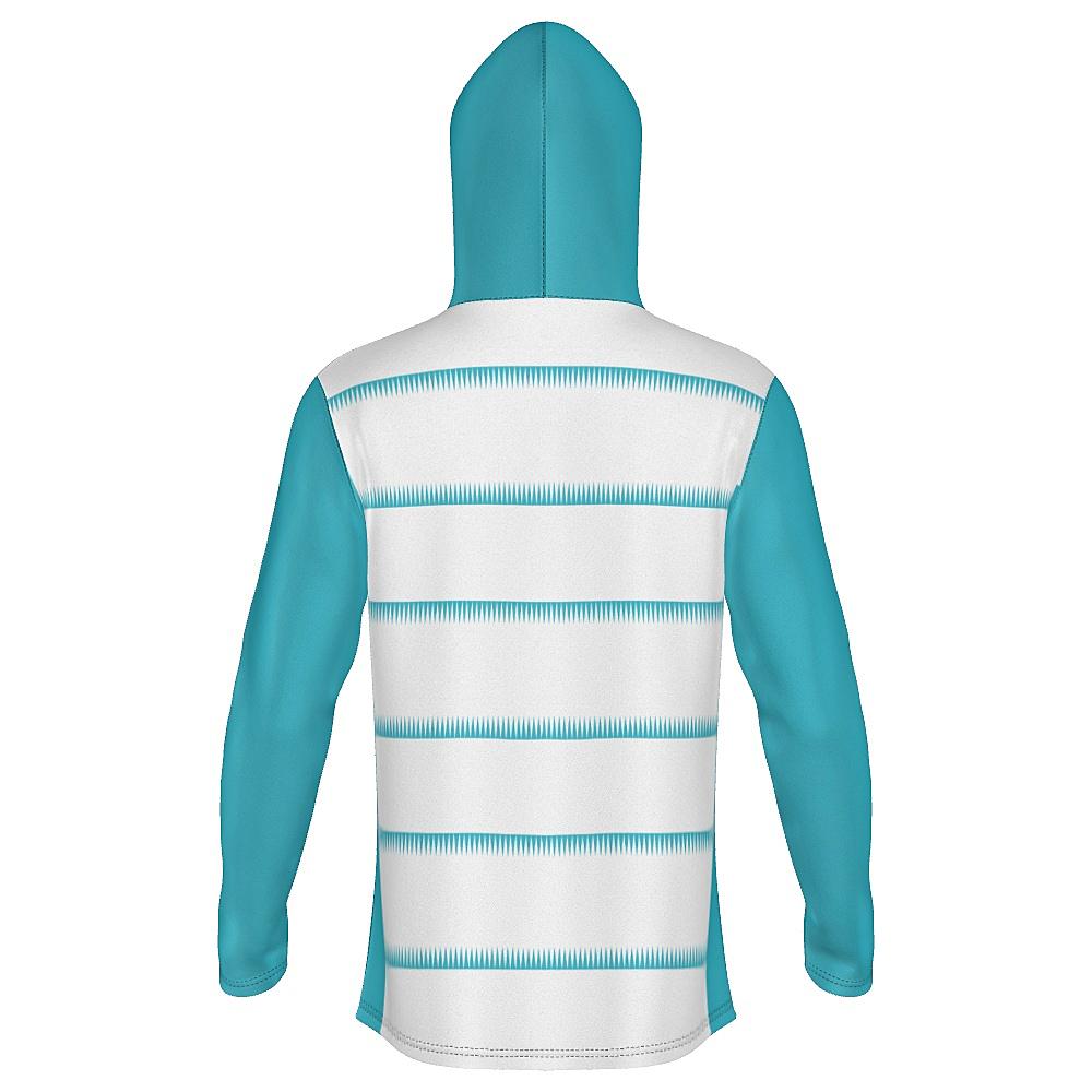 White hoodie with teal sleeves, hood and sawtooth stripes