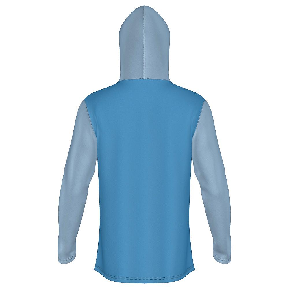 Blue hoodie with contrasting hood & sleeves and white horizontal stripe on a white background