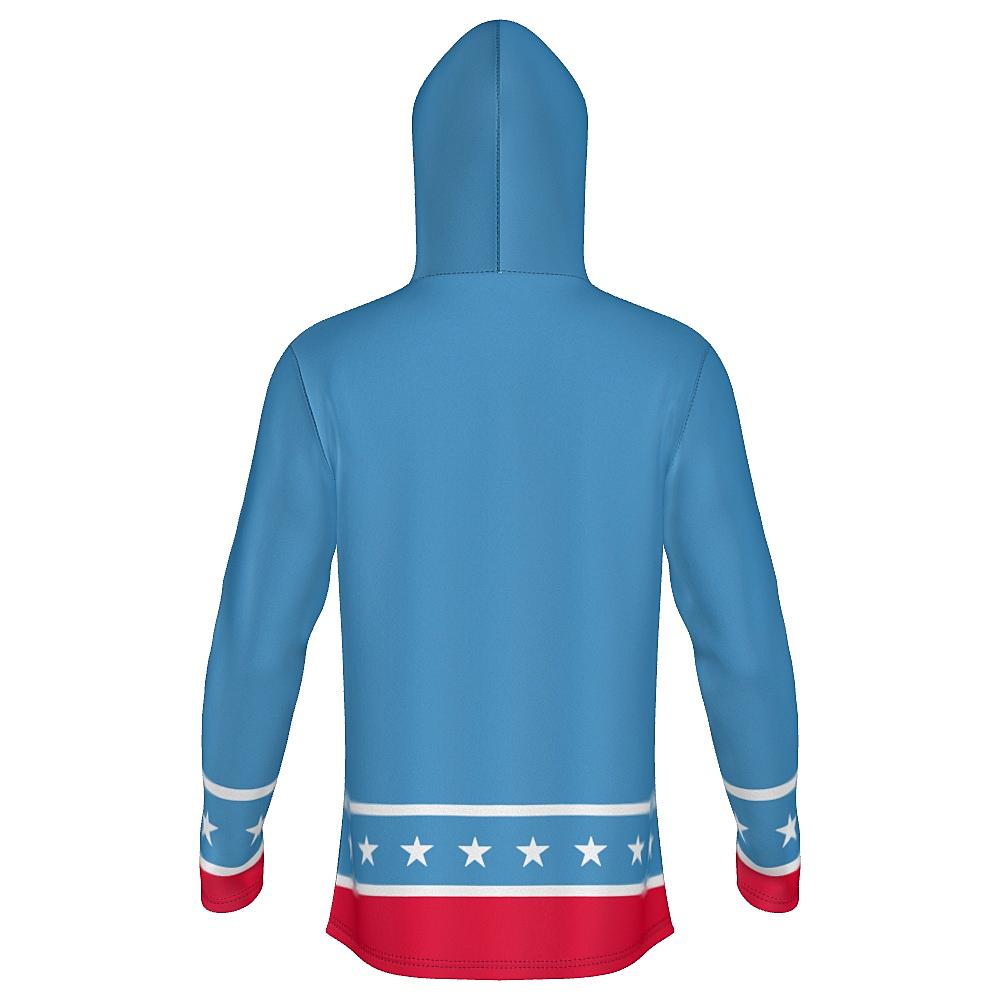 Blue hoodie with white stars and red stripes on a white background