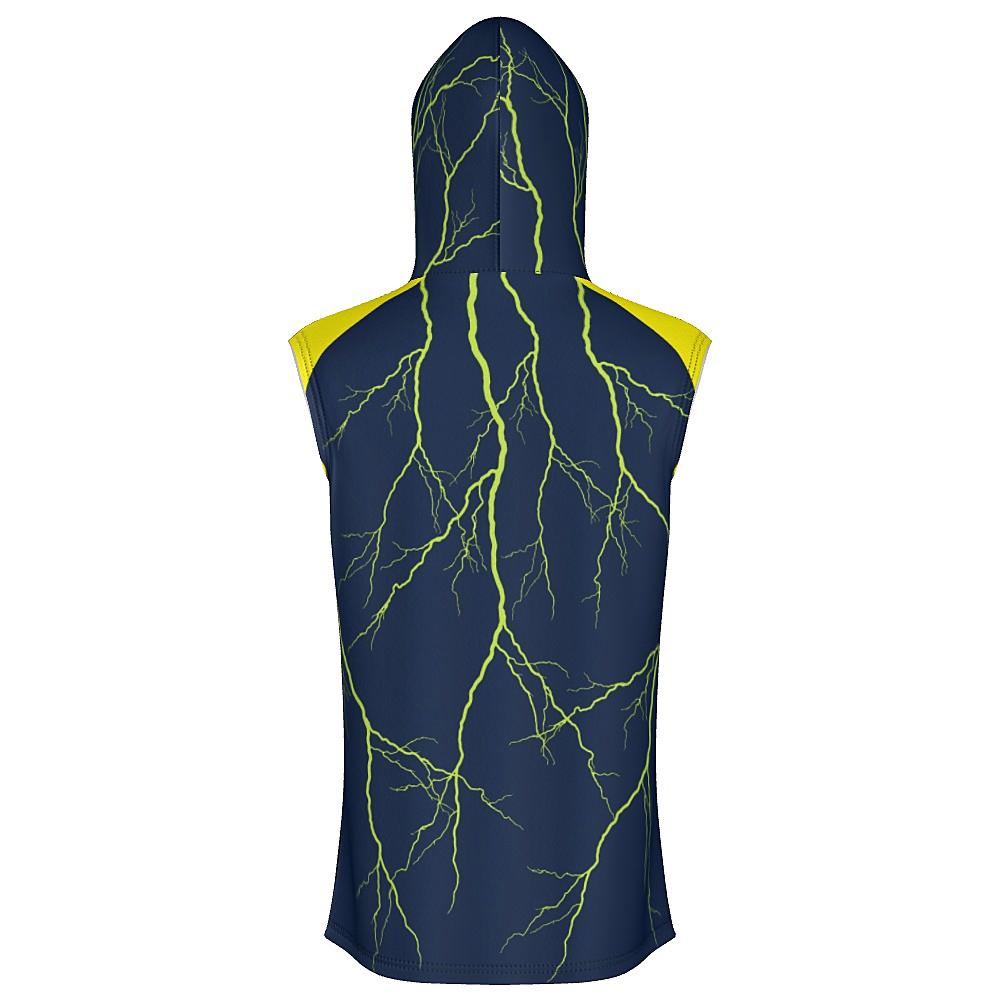 Navy sleeveless hoodie with yellow shoulders and lightning design on a white background