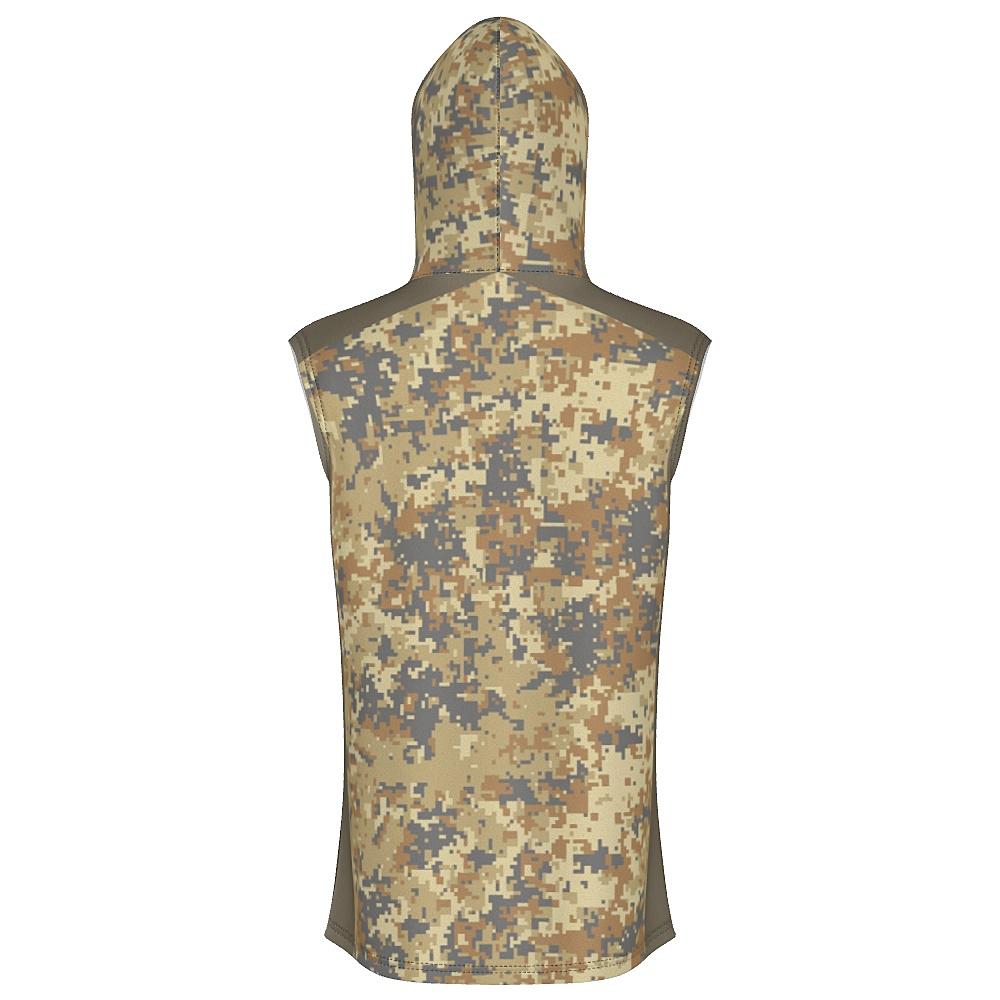 Earth-tone sleeveless hoodie with digital camo design on a white background