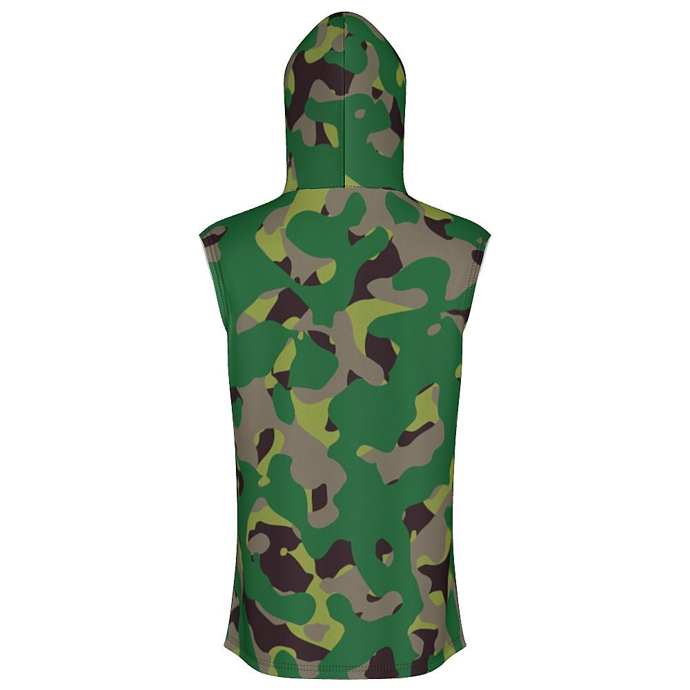 Sleeveless hoodie with green camouflage design on a white background
