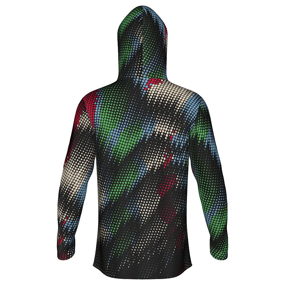 Black hoodie with multicolored dot pattern on a white background