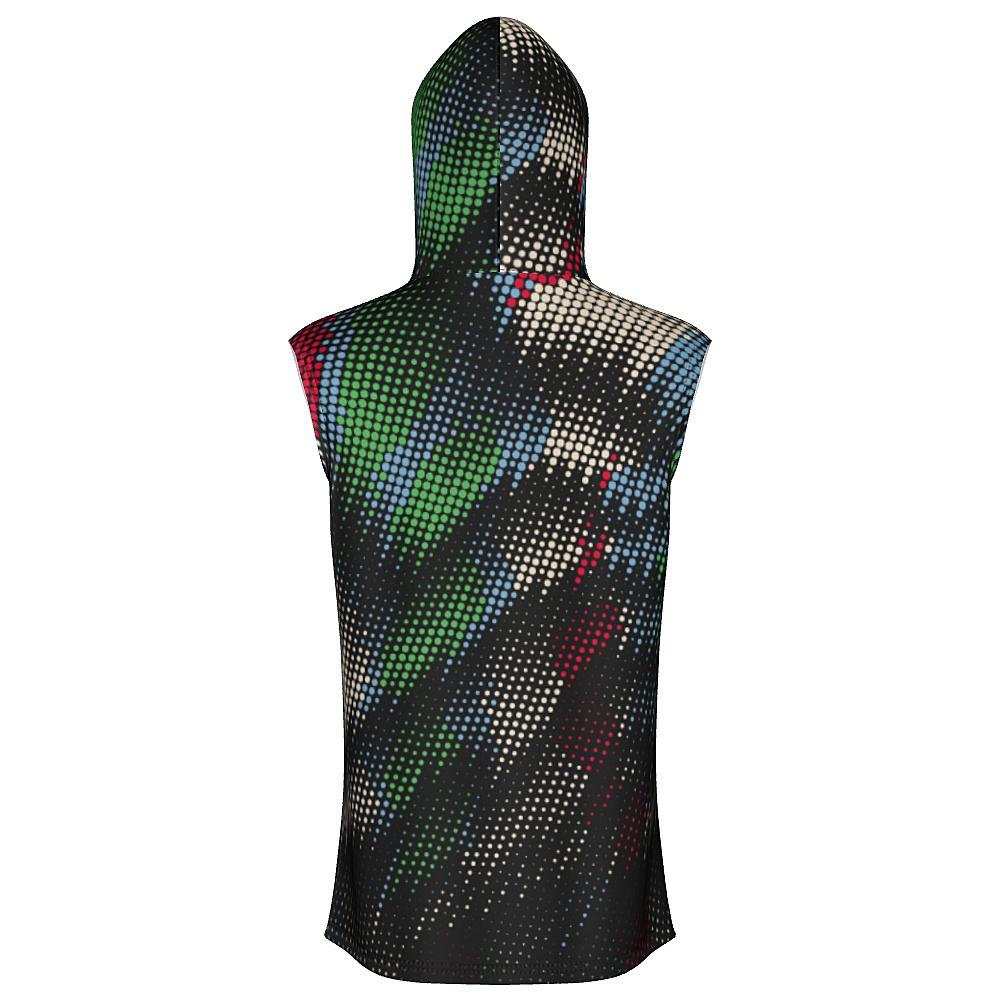 Black sleeveless hoodie with multicolored dot pattern on a white background