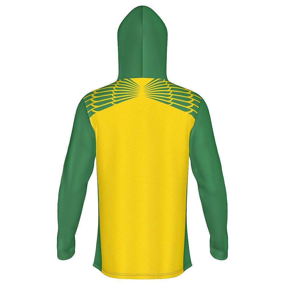 Yellow and green hoodie with feather design on upper chest and back
