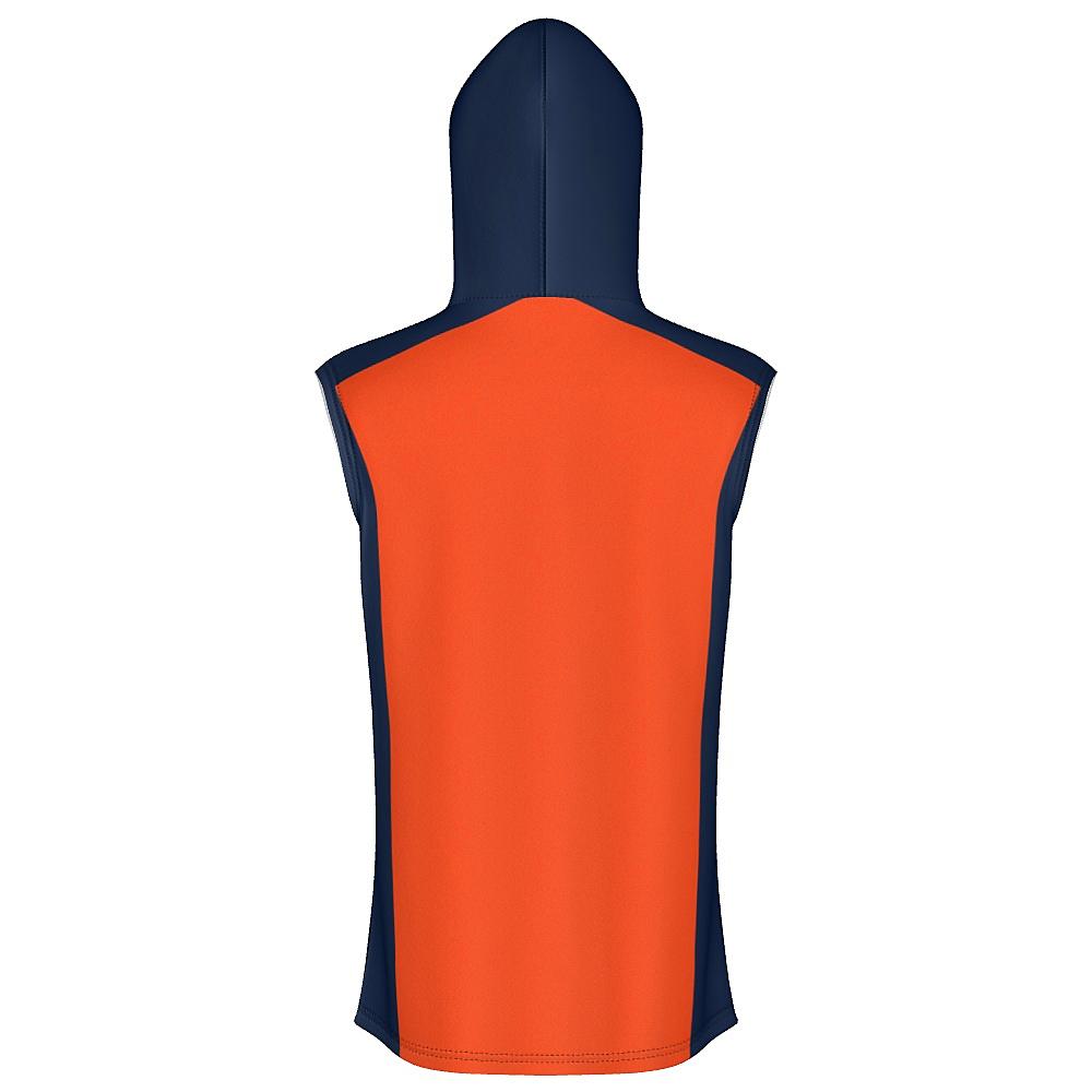 Orange sleeveless hoodie with navy sides and hood on a white background