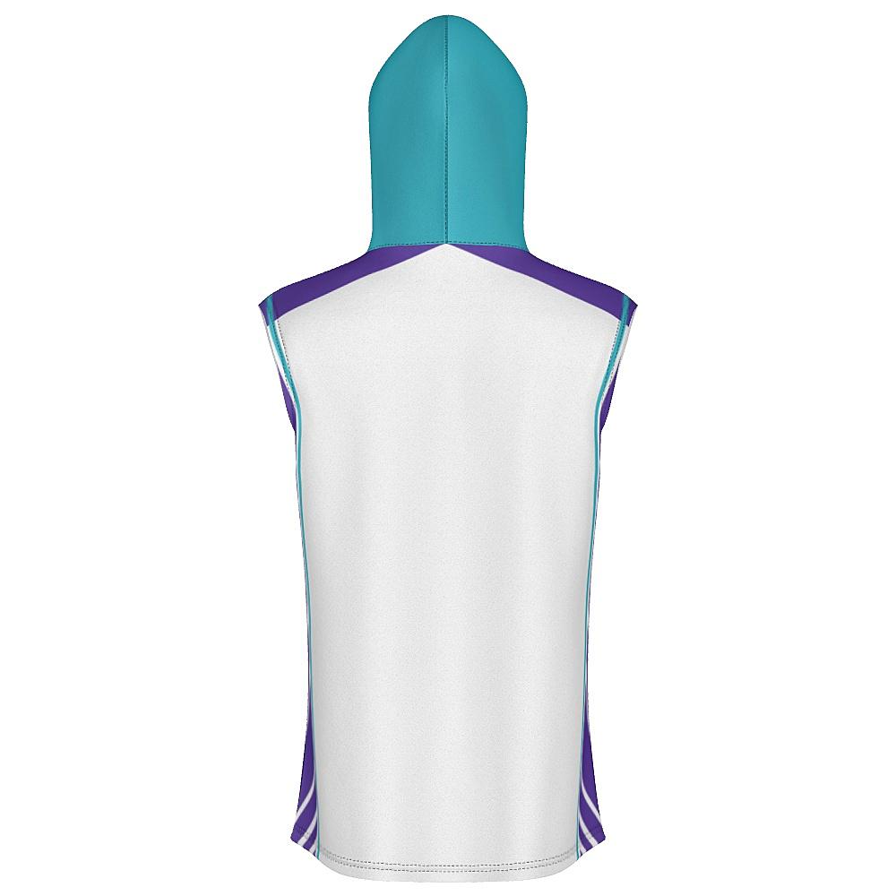 White sleeveless hoodie with teal and purple accents on a white background