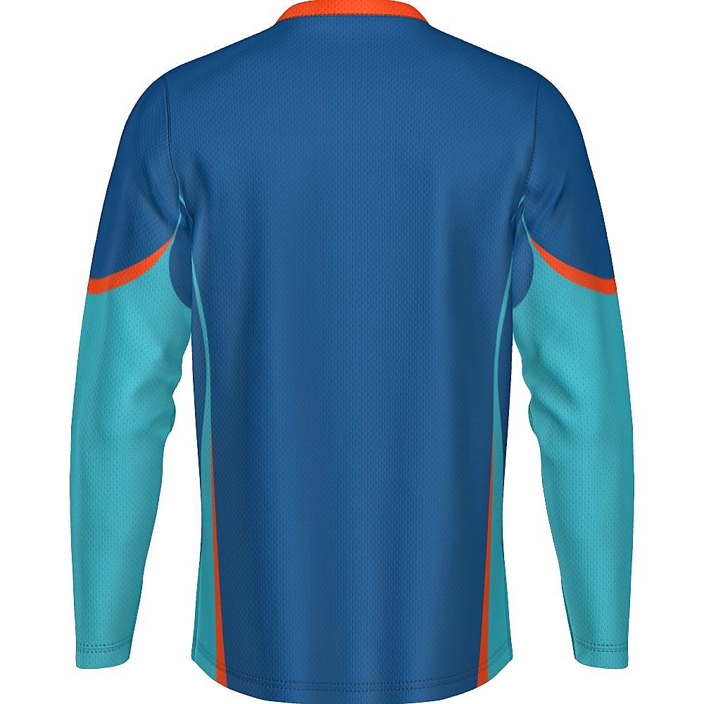 Blue long-sleeve top with teal and orange accents on a white background