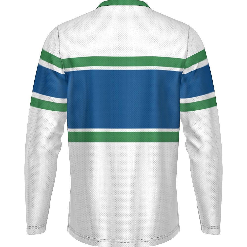 White, blue and green long-sleeve shirt on a white background