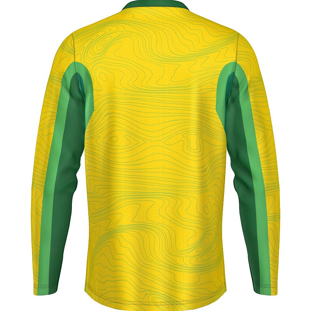 Yellow long-sleeve shirt with topography design and green accents on a white background