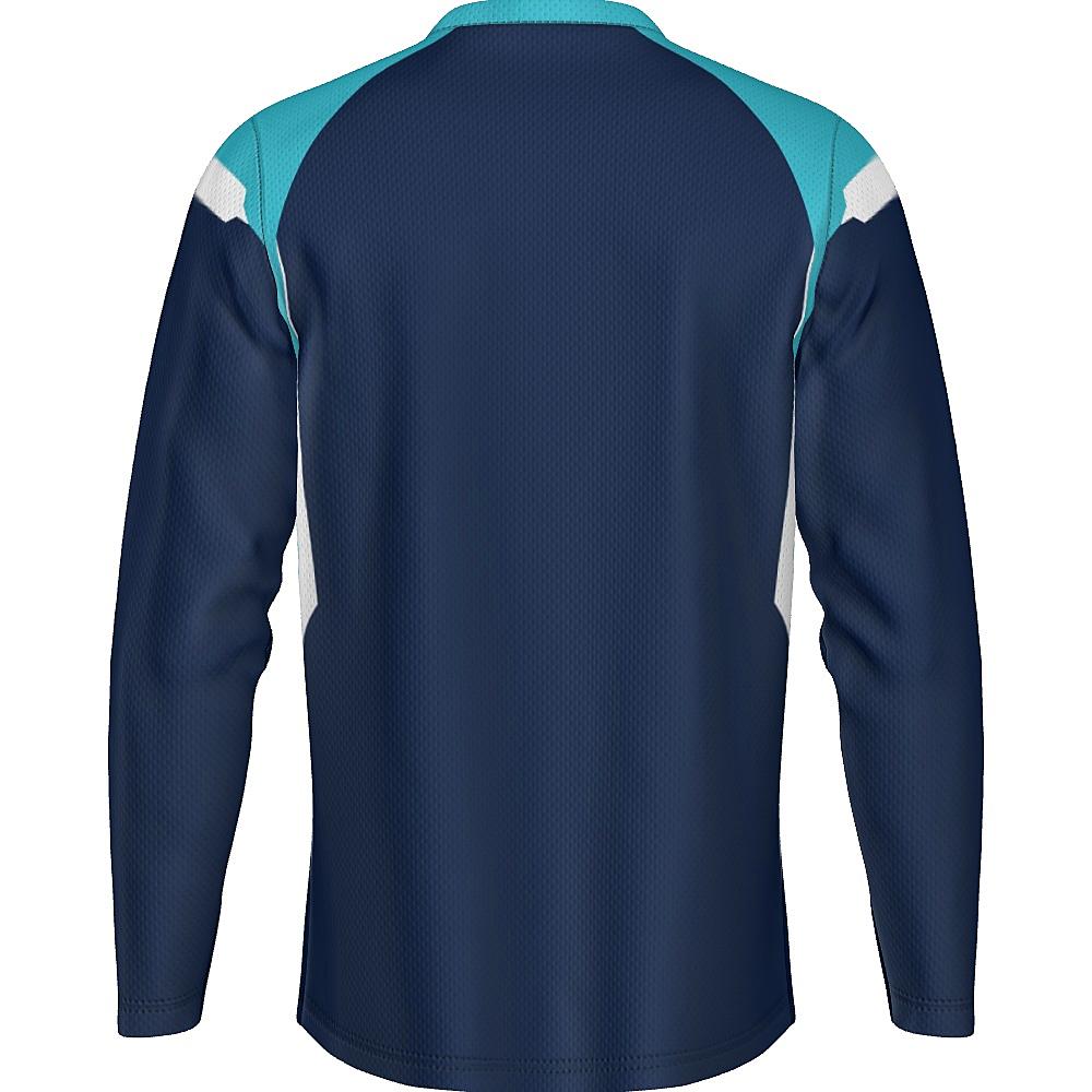 Navy long-sleeve shirt with light blue and white accents on a white background