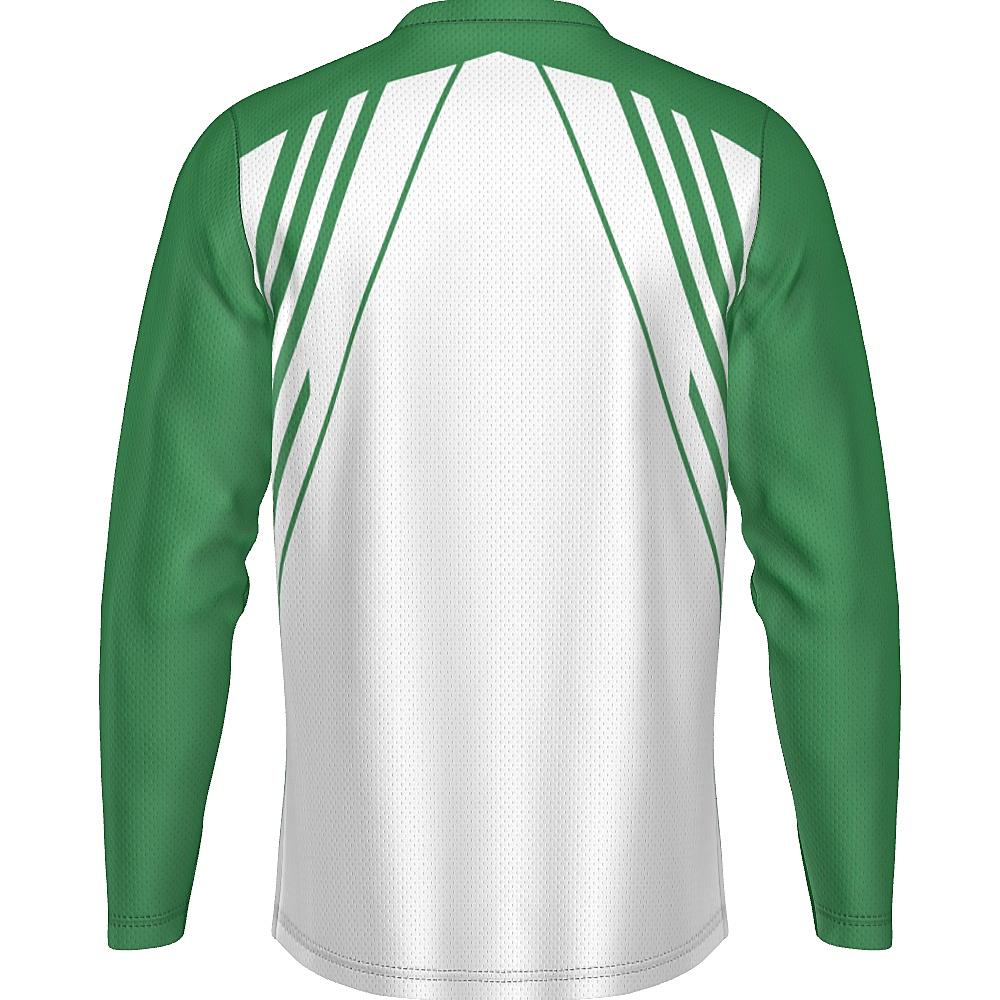 White long-sleeve shirt with green accents on a white background