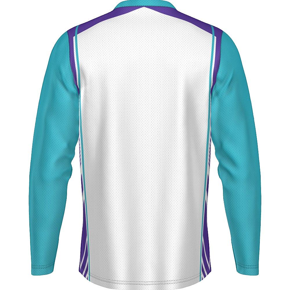White long-sleeve shirt with teal and purple accents on a white background