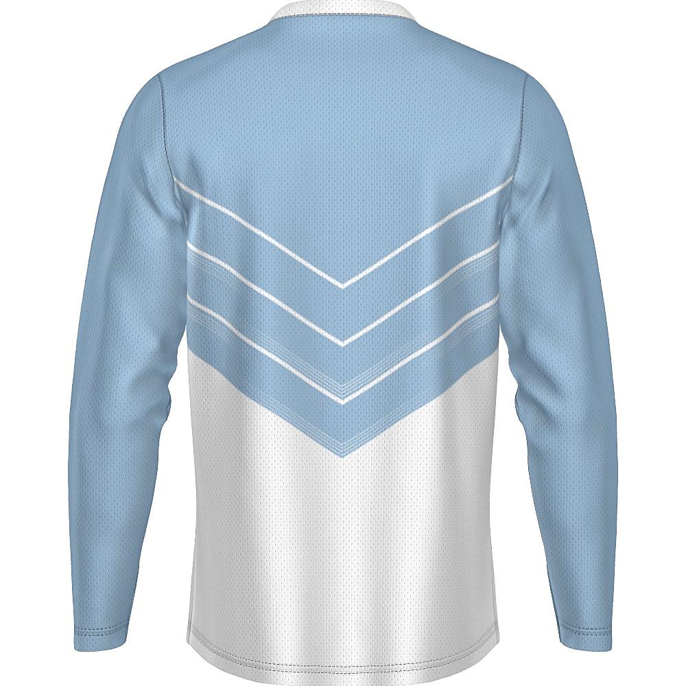 Blue and white long-sleeve shirt with chevron design on a white background