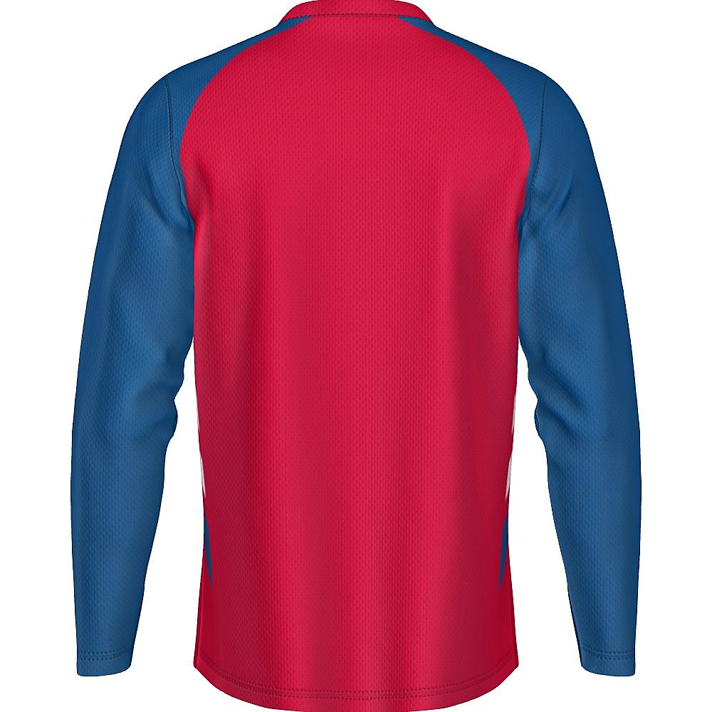 Red long-sleeve shirt with blue and white accents on a white background
