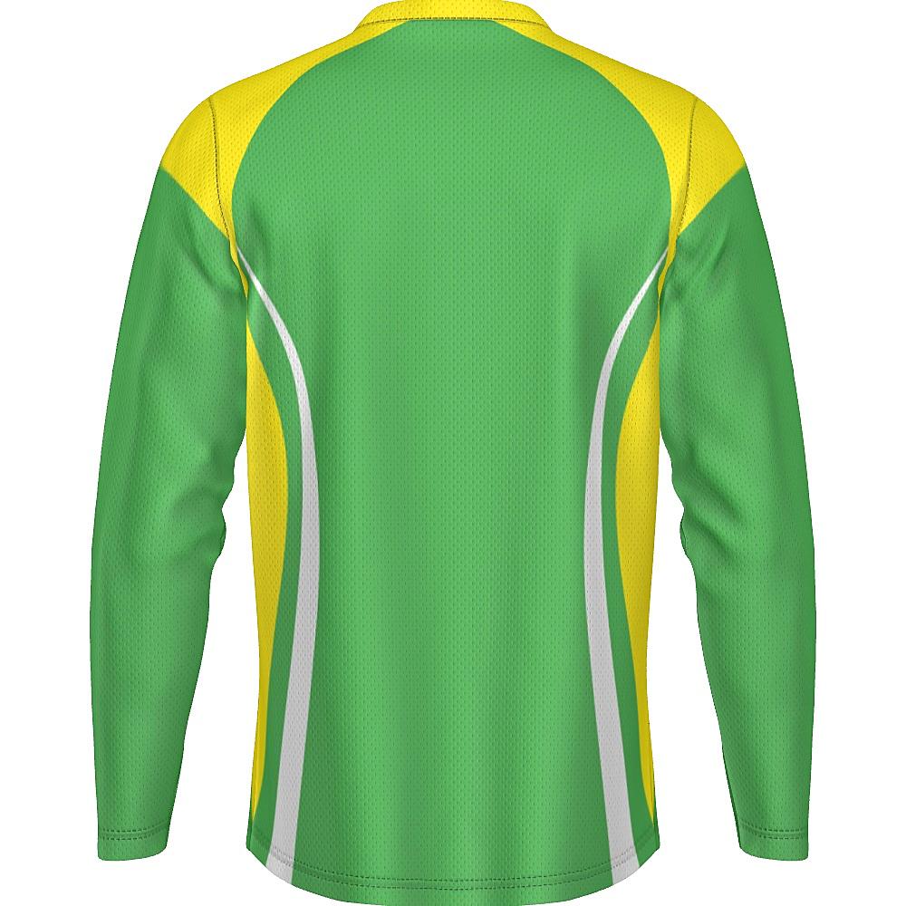 Green long-sleeve shirt with yellow and white accents on a white background