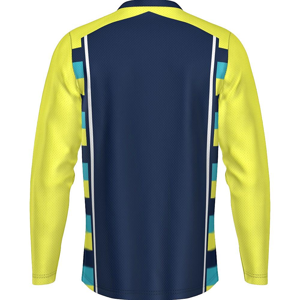 Navy long-sleeve shirt with yellow sleeves and striped side panels on a white background