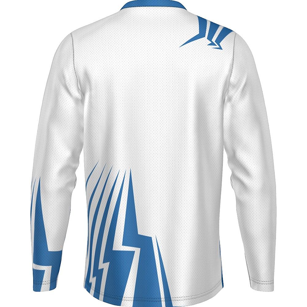 White long-sleeve shirt with blue bolt-shaped accents on a white background