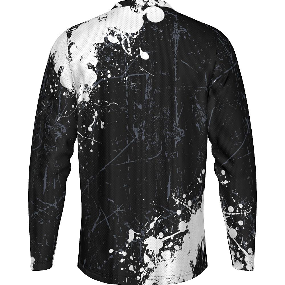 Black long-sleeve shirt with white and grey distressed design on a white background