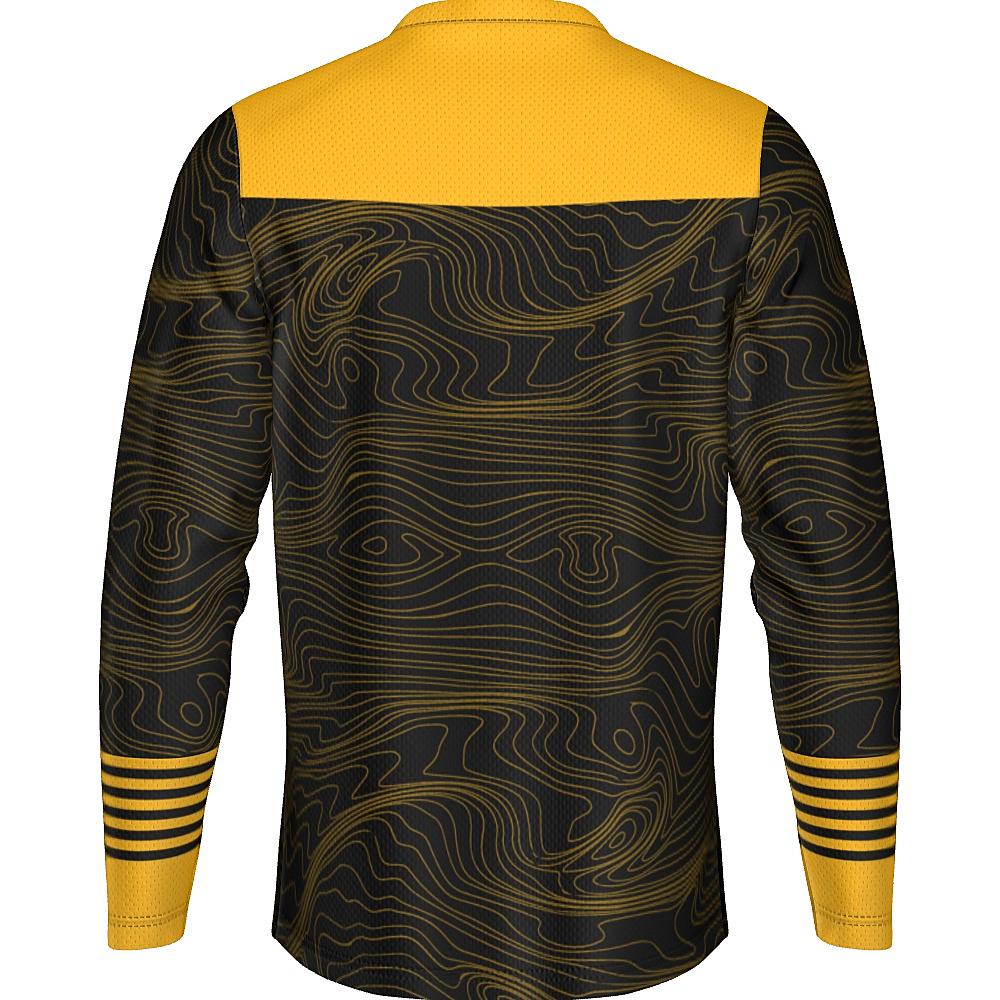Black long-sleeve shirt with yellow accents and topographic design on a white background