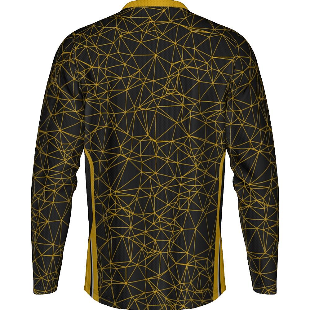 Black long-sleeve shirt with yellow geometric design on a white background