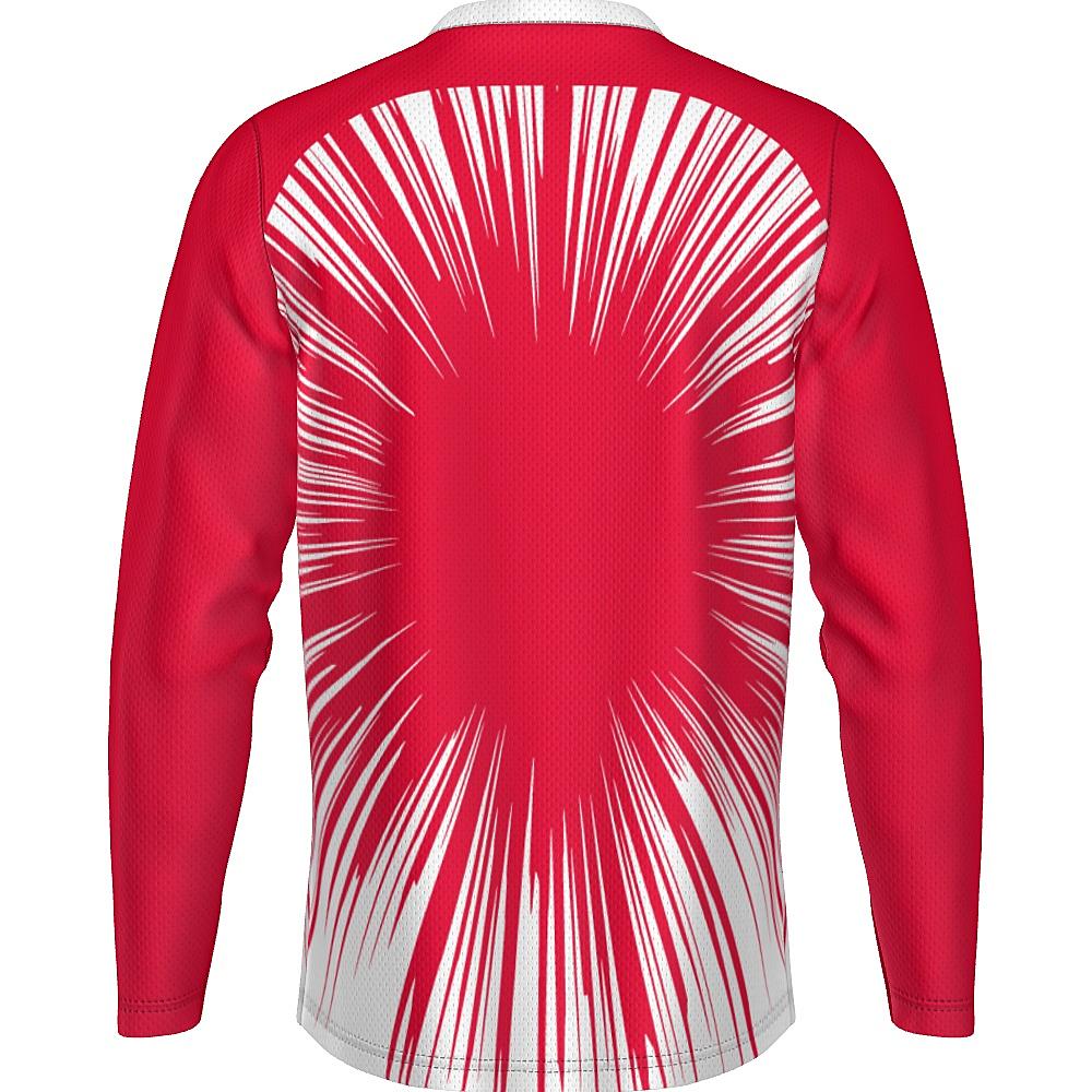 Red long-sleeve shirt with starburst design on a white background