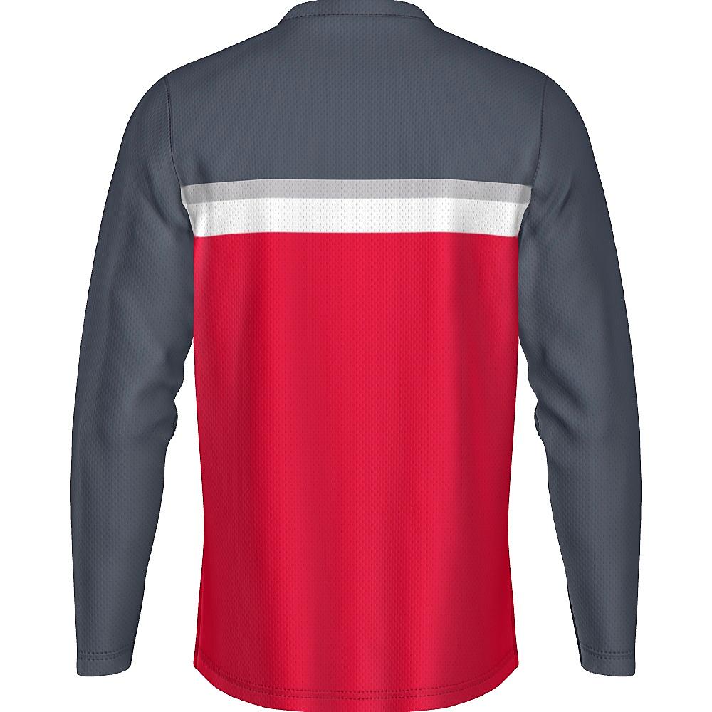 Grey long-sleeve shirt with white and red accents on a white background