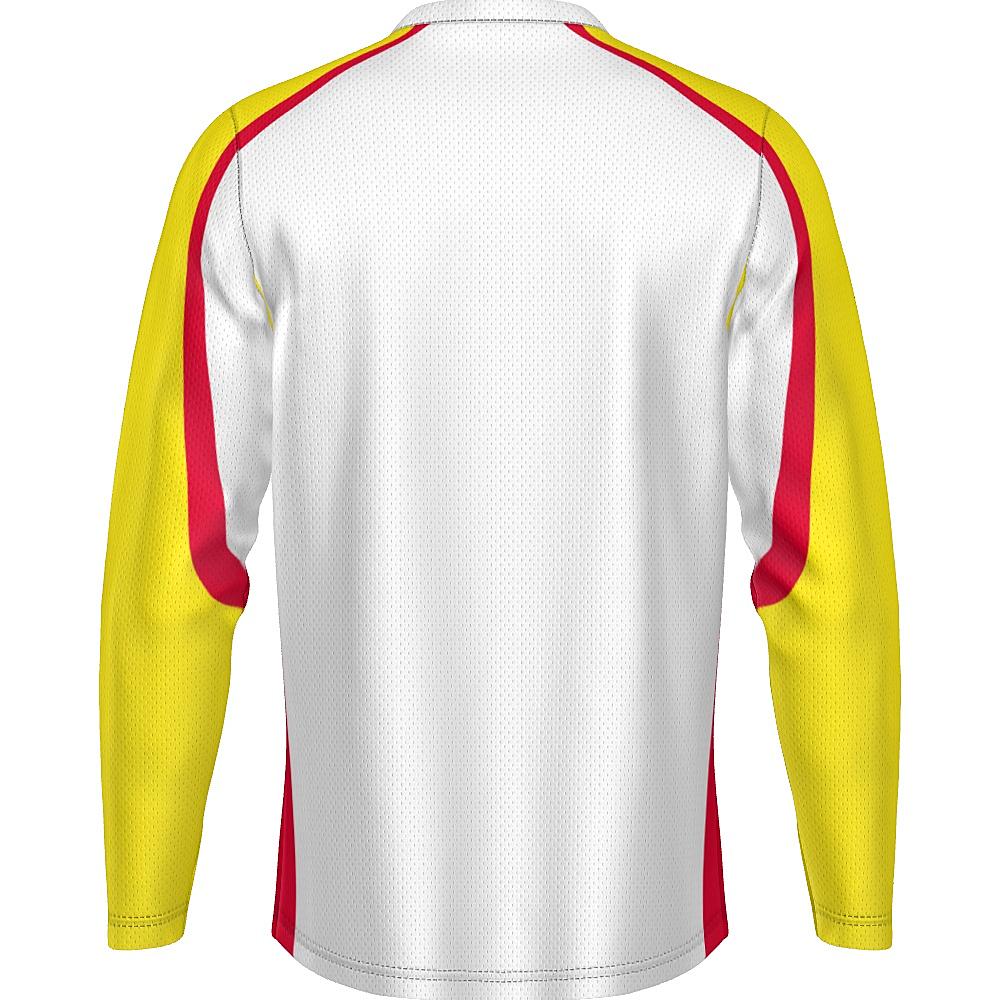 White long-sleeve shirt with yellow and red accents on a white background
