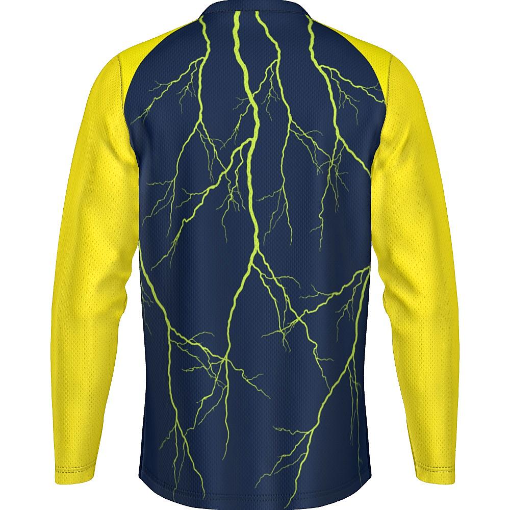 Navy long-sleeve shirt with yellow sleeves and lightning design on a white background