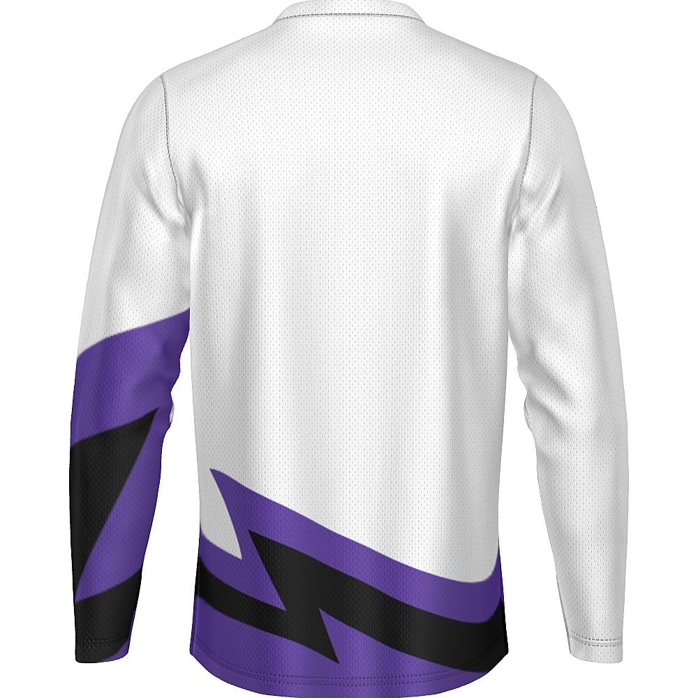 White long-sleeve shirt with black and purple accents on a white background